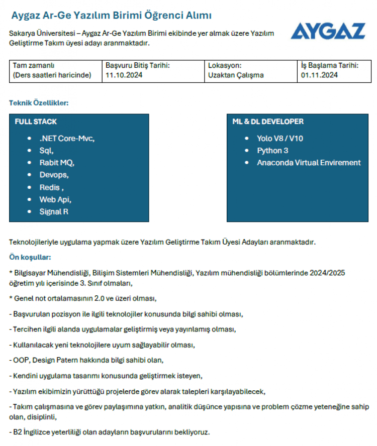 Aygaz Ar-Ge Yazılım Birimi Öğrenci Alımı